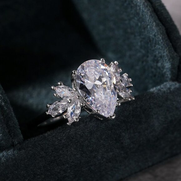 💥Beautiful Water Drop With Leaf Crystal Pure CZ Silver Pear Wedding Ring, K800 - Picture 7 of 7
